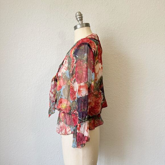 HAUTE HIPPIE Top Blouse Red Floral Silk Chiffon Sheer Puff Sleeve Boho - Picture 5 of 10